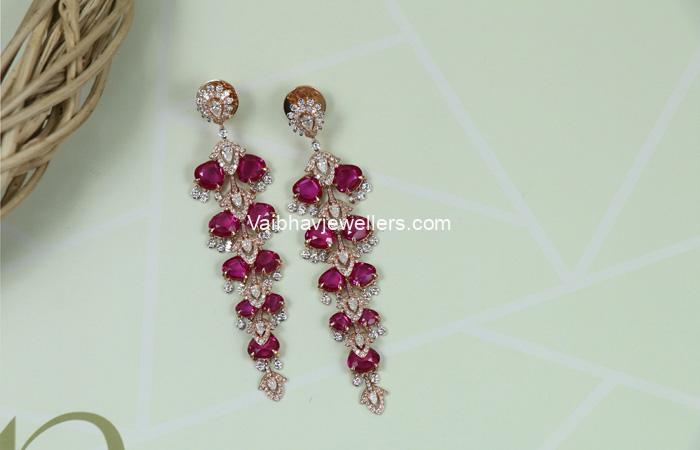 Vaibhav Jewellers 18Kt Diamond Ruby Chandelier Earrings