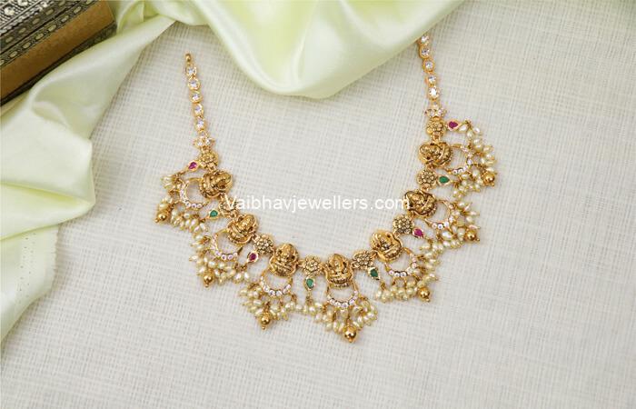 22Kt Gold Precious Pachi Guttapusala Lakshmi Necklace