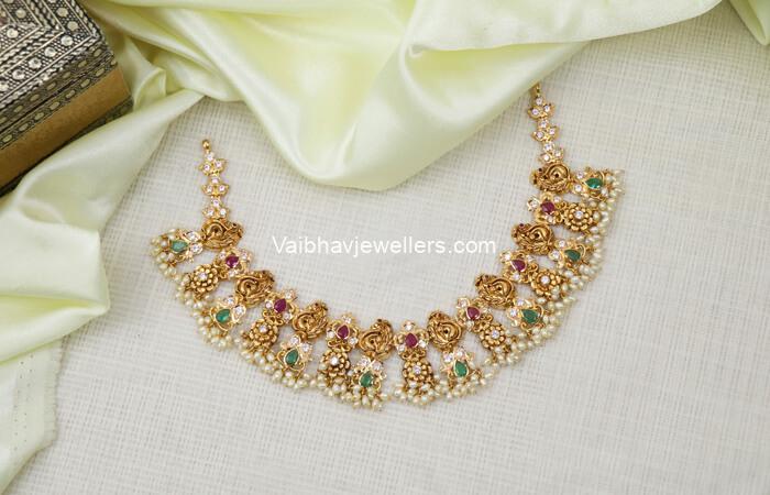 22Kt Gold Precious Pachi Work Guttapusala CZ Necklace