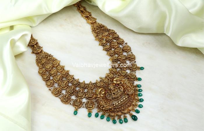 22Kt Grand Bridal Nagas Lakshmi Gold Haram With Geru Finish