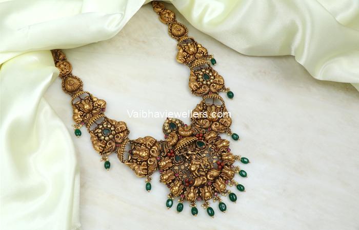 22Kt Lord Gopalakrishna Pendant Nakshi Gold Haram With Geru Finish