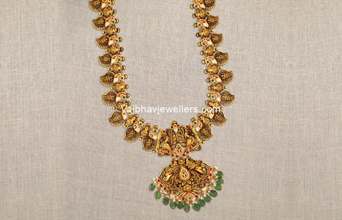 22Kt Antique Gold Mango Design Kundan Broad Haram