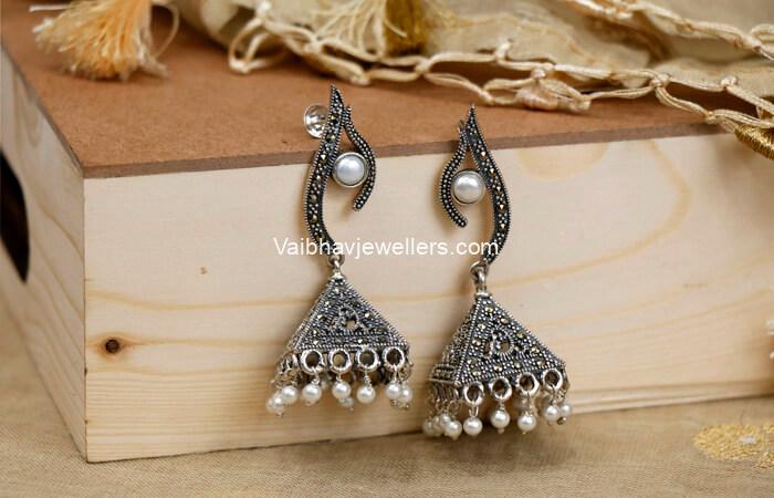 Silver Antique Designer Jhumka Earrings