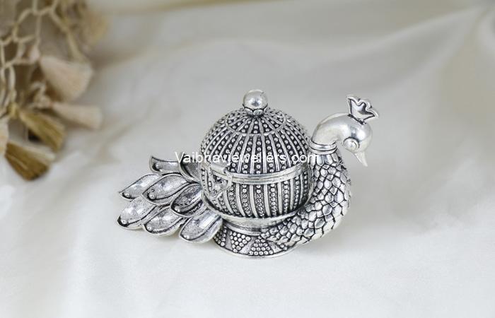 Vaibhav Jewellers Silver Antique Peacock Design Kumkum Box