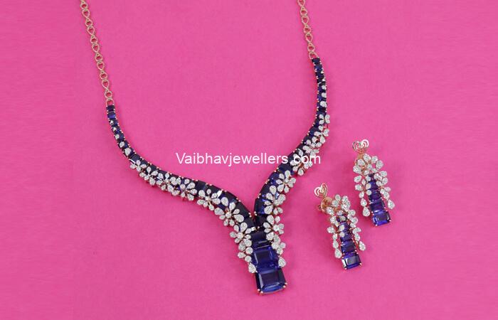 14Kt Bridal Blue Sapphire Diamond Necklace Set 484VA549